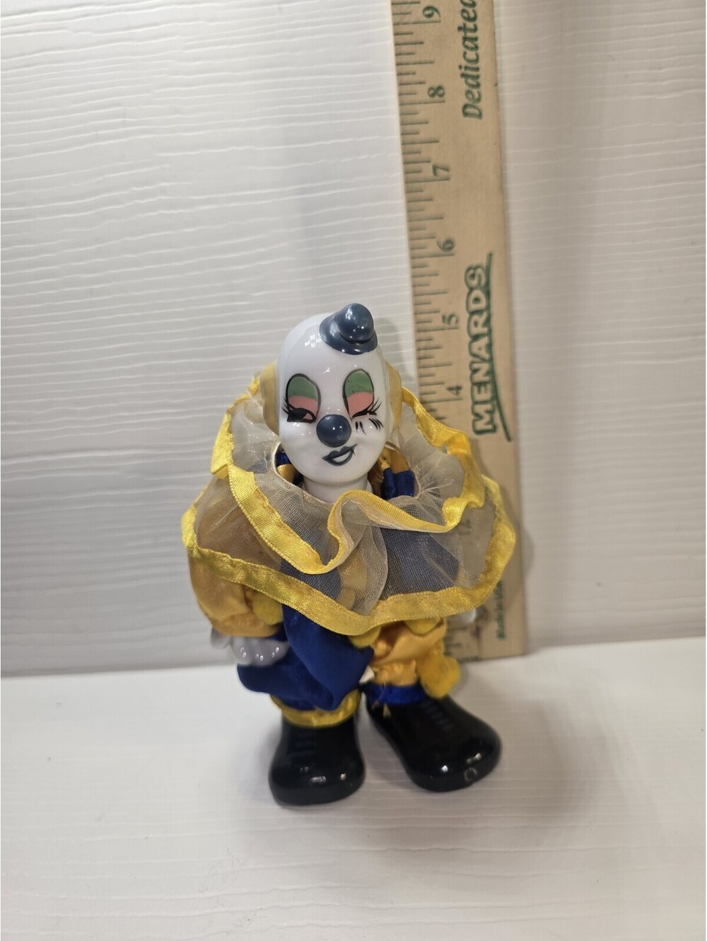 Vintage Primark Intl Porcelain Face Clown Doll Figurine Blue Yellow Ruffle 6"